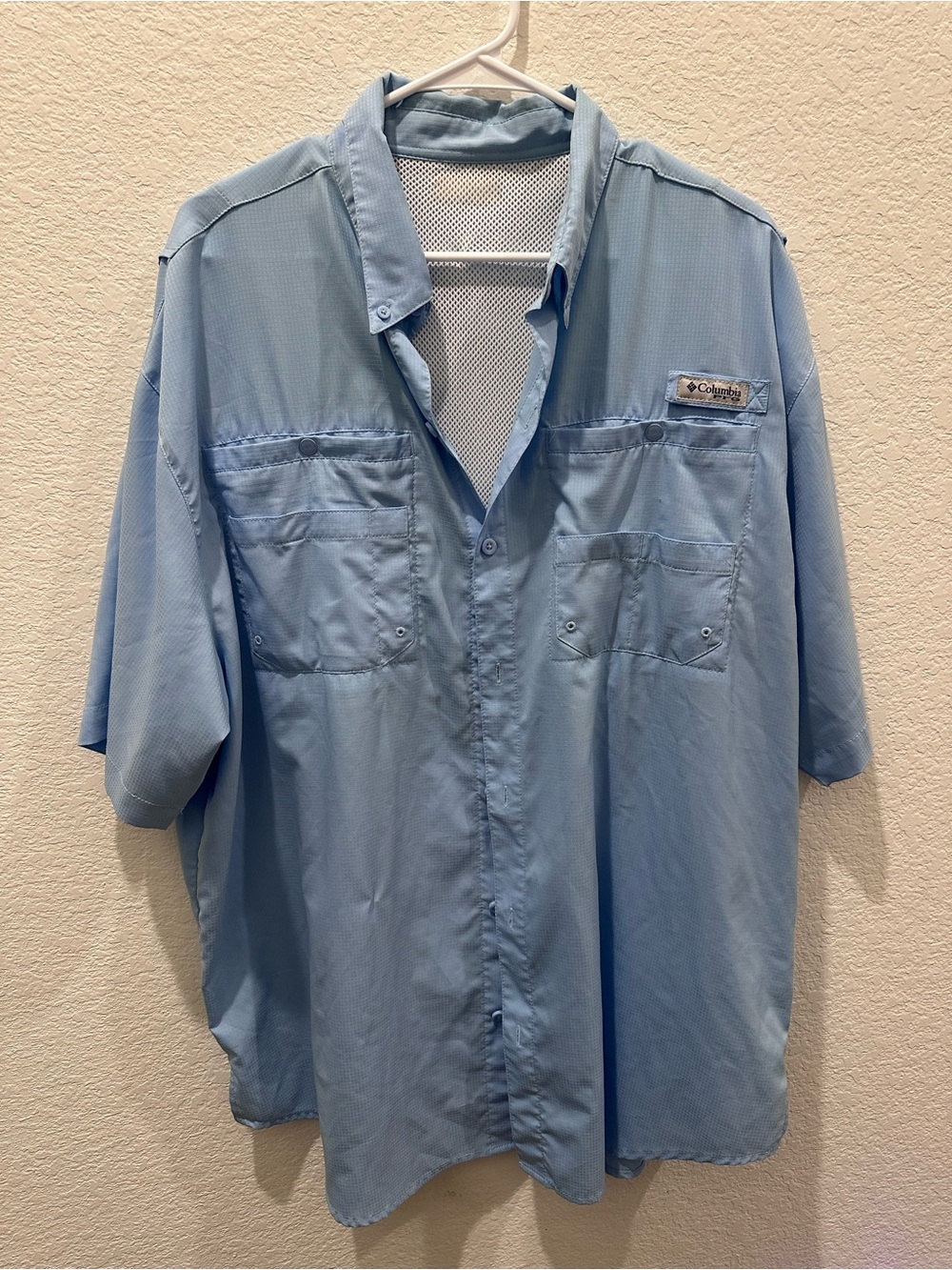 Columbia PFG Mens Short Sleeve Fishing Shirt Blue Ventilated Button Down Large